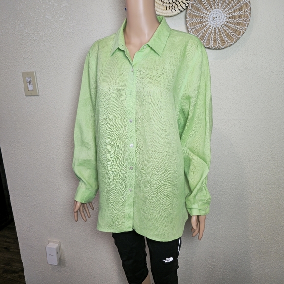 J Jill Top Womens Large Green Linen Button Up Long Sleeve Beach Cottage Coastal - Picture 5 of 9
